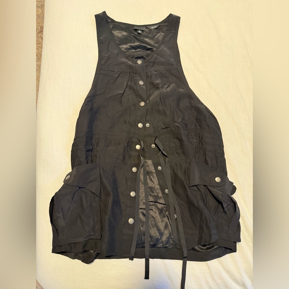 Anna Sui Black Silk Utility Button Down Dress Sleeveless Tank Womens XS